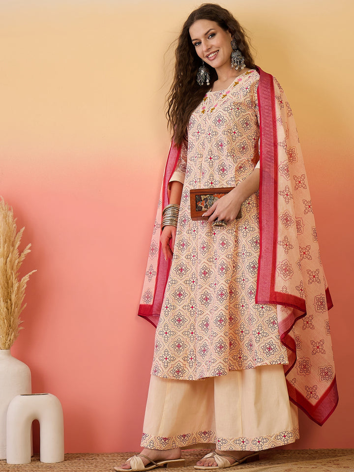 Women's Women Embroidered Khadi Cotton Anarkali Kurta Set With Dupatta