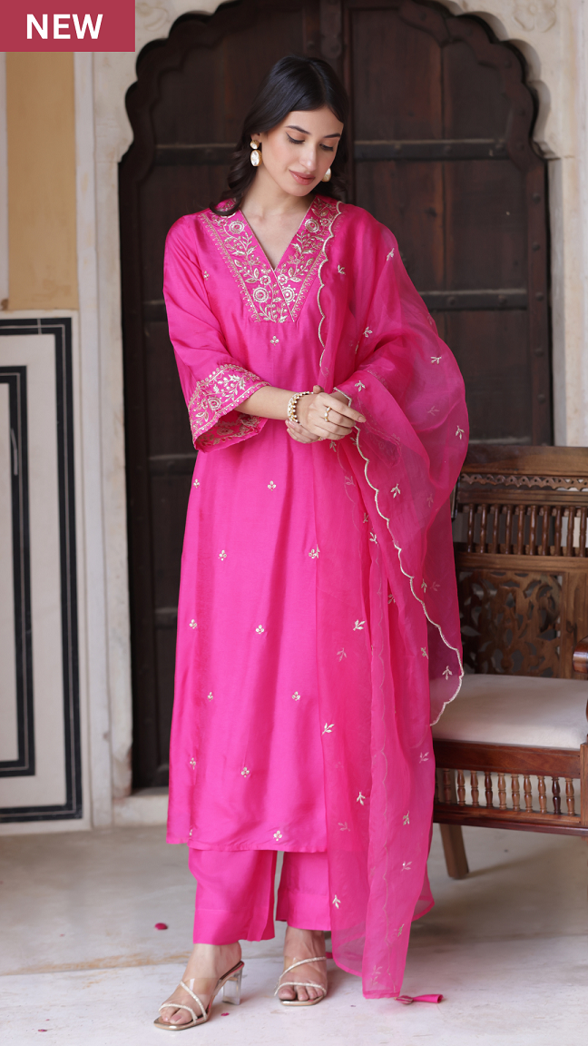 Women's Pink Chanderi Viscose Embroidery Worked V Shape Kurta Set