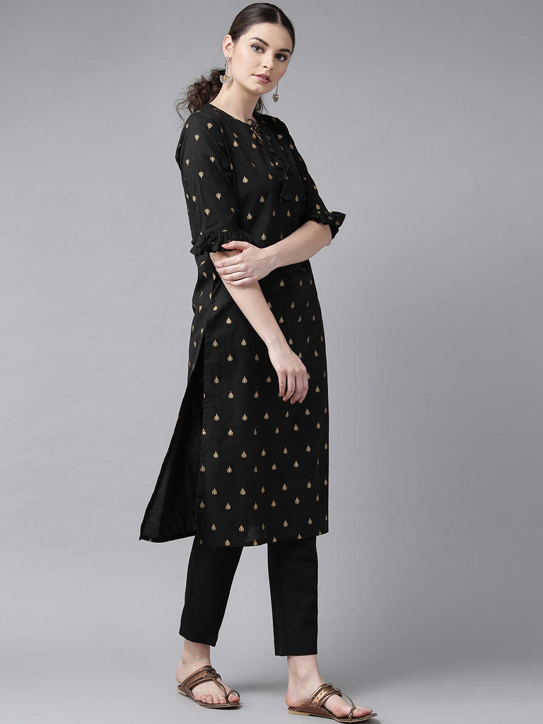 Women's Black And Golden Block Printed Straight Kurta