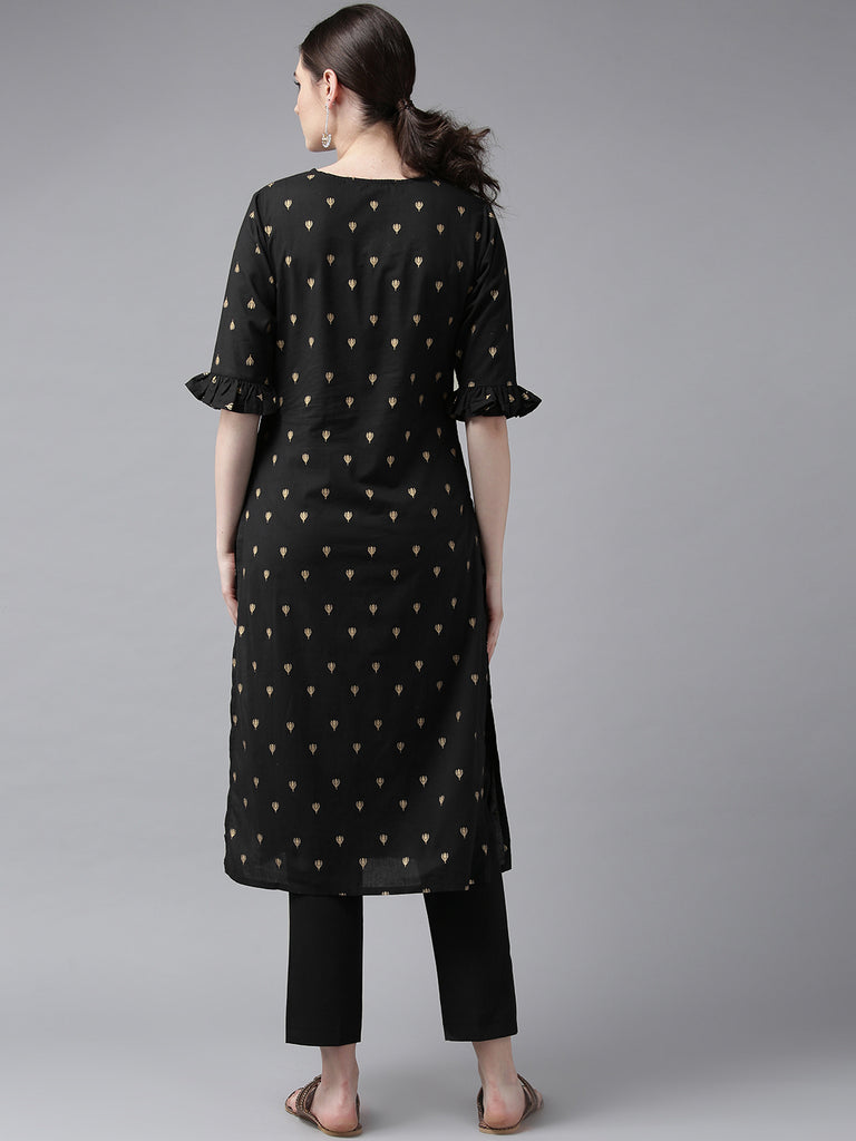 Women's Black And Golden Block Printed Straight Kurta