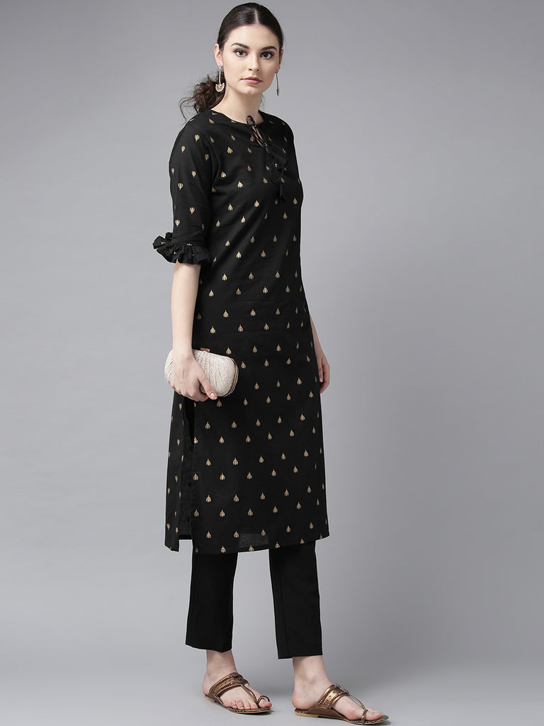 Women's Black And Golden Block Printed Straight Kurta