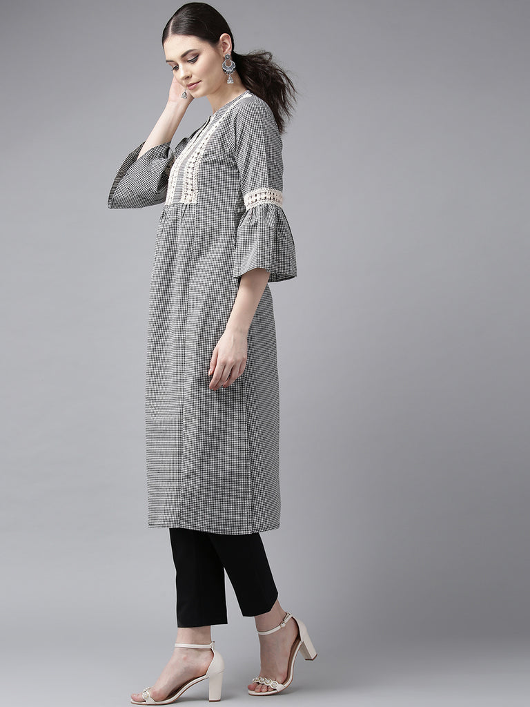 Women's Black & White Checked A-Line Kurta