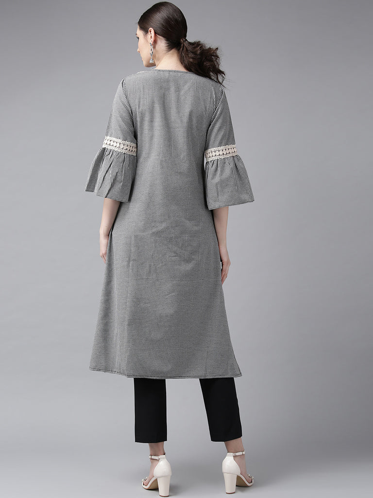 Women's Black & White Checked A-Line Kurta