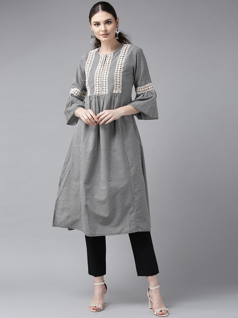 Women's Black & White Checked A-Line Kurta