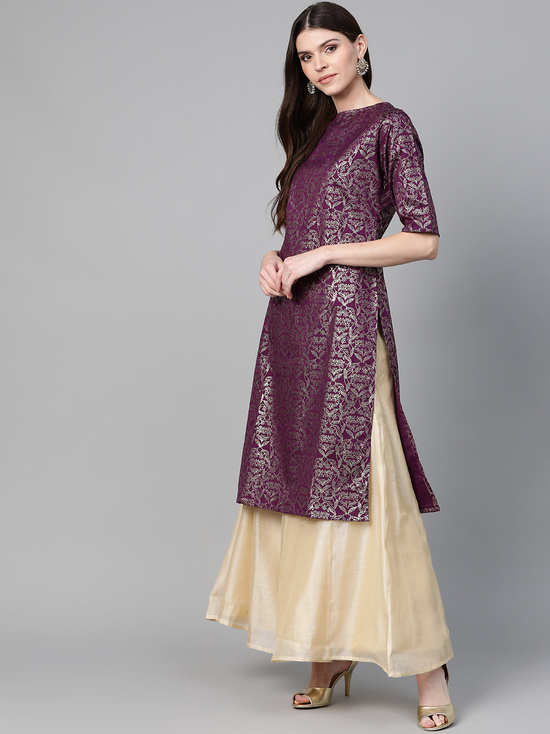 Women's Purple & Golden Block Print Straight Kurta - Bhama Couture