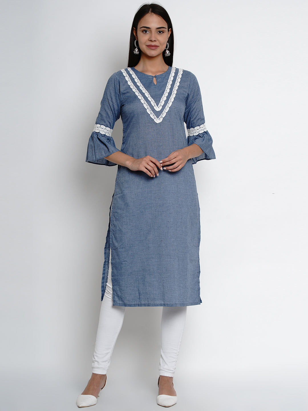 Women's  Blue Solid Lace Detailing Straight Kurta - Bhama Couture
