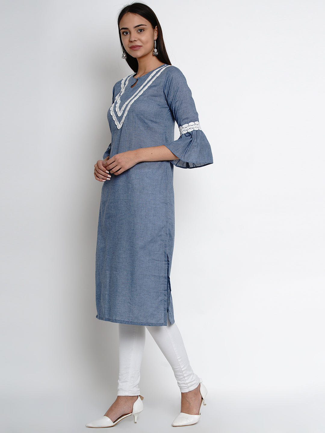 Women's  Blue Solid Lace Detailing Straight Kurta - Bhama Couture