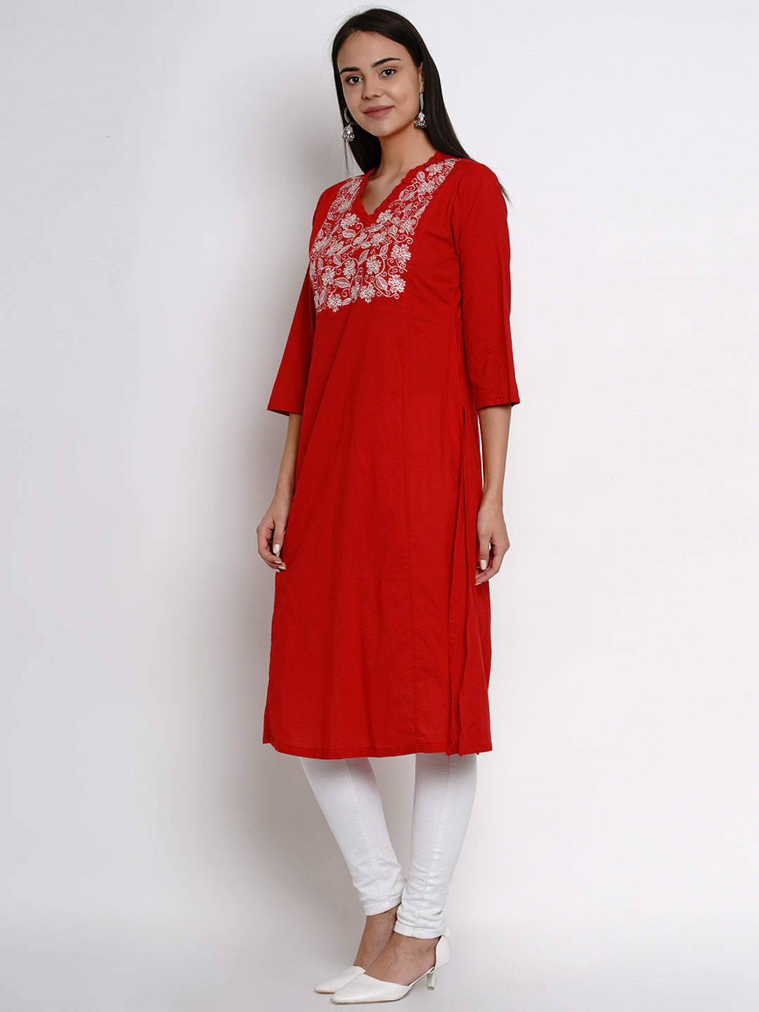 Women's  Red Kurta With White Yoke Embroidered Design Straight Kurta - Bhama Couture