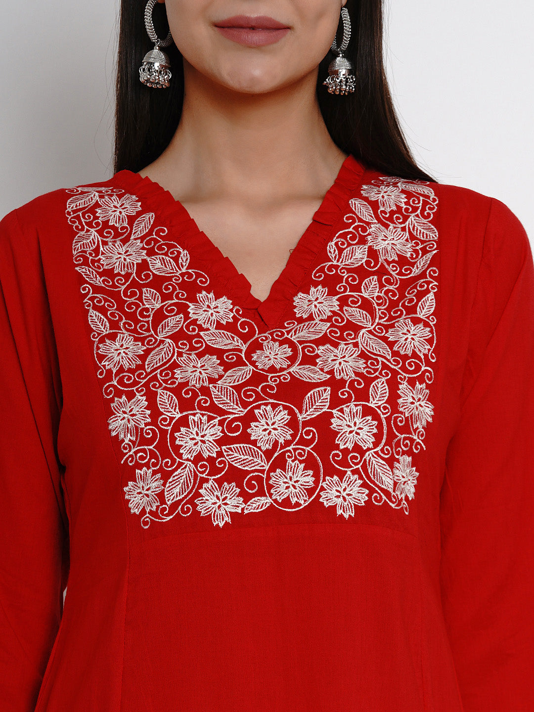 Women's  Red Kurta With White Yoke Embroidered Design Straight Kurta - Bhama Couture