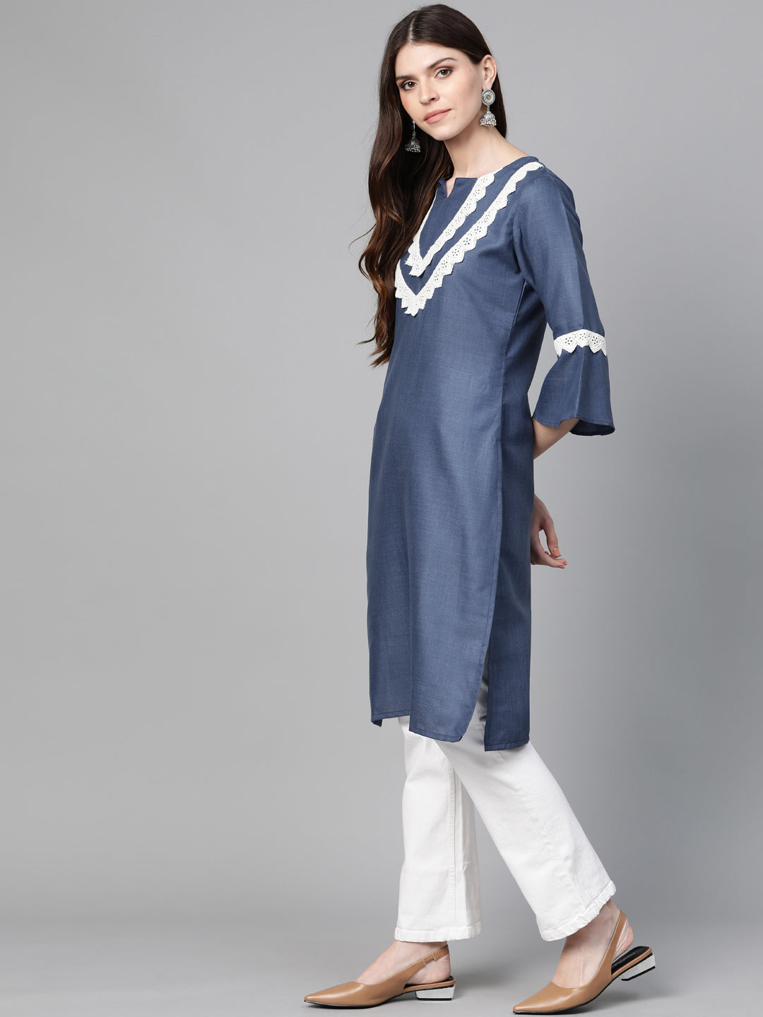 Women's Navy Blue Yoke Design Straight Kurta - Bhama Couture