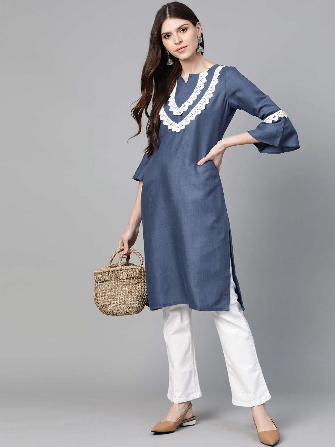 Women's Navy Blue Yoke Design Straight Kurta - Bhama Couture