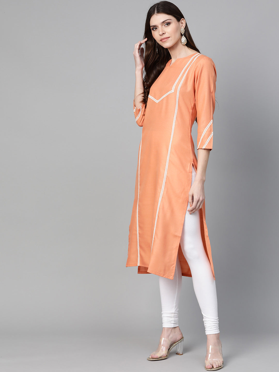 Women's Peach-Coloured Solid Straight Kurta - Bhama Couture