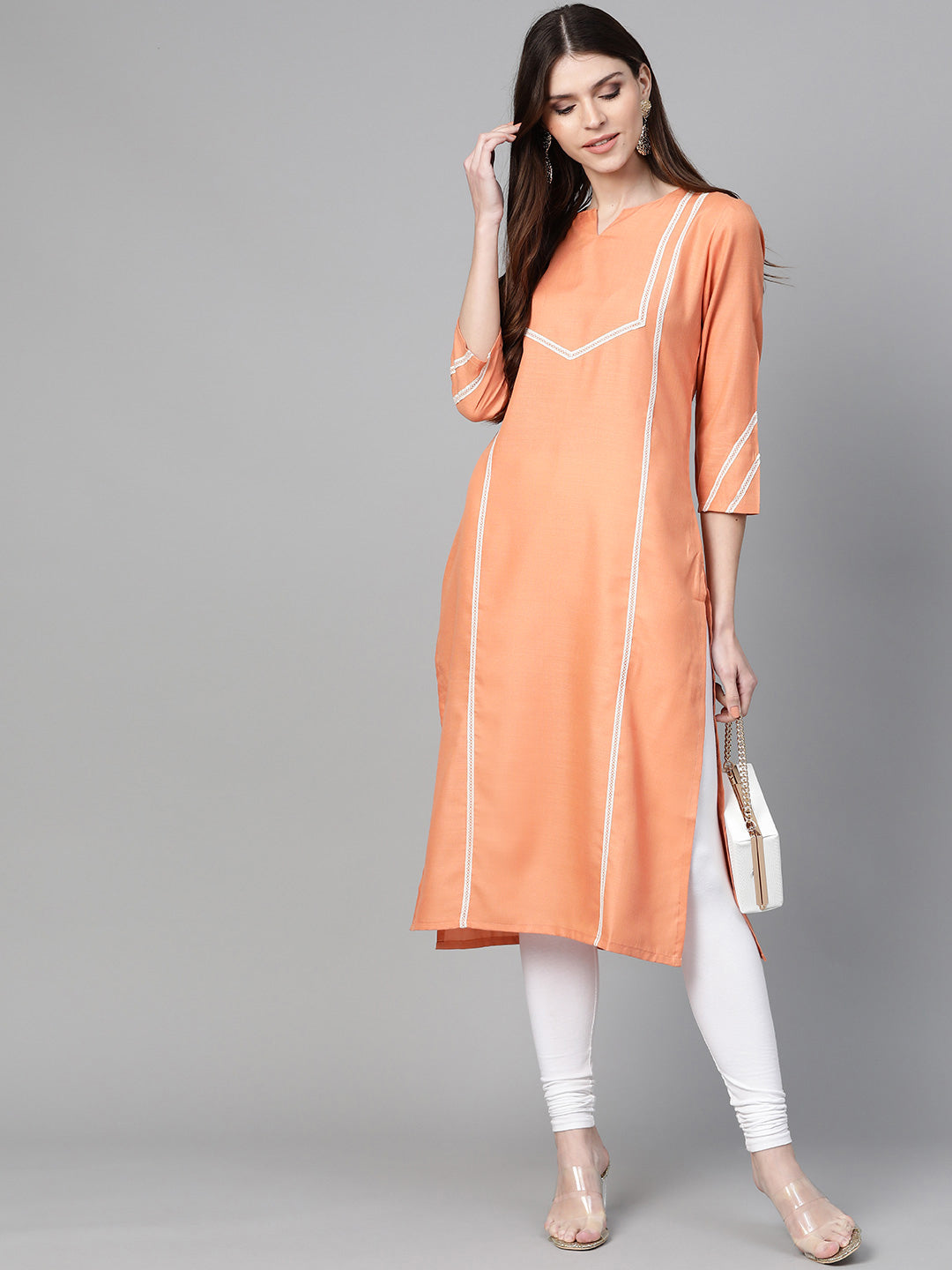 Women's Peach-Coloured Solid Straight Kurta - Bhama Couture