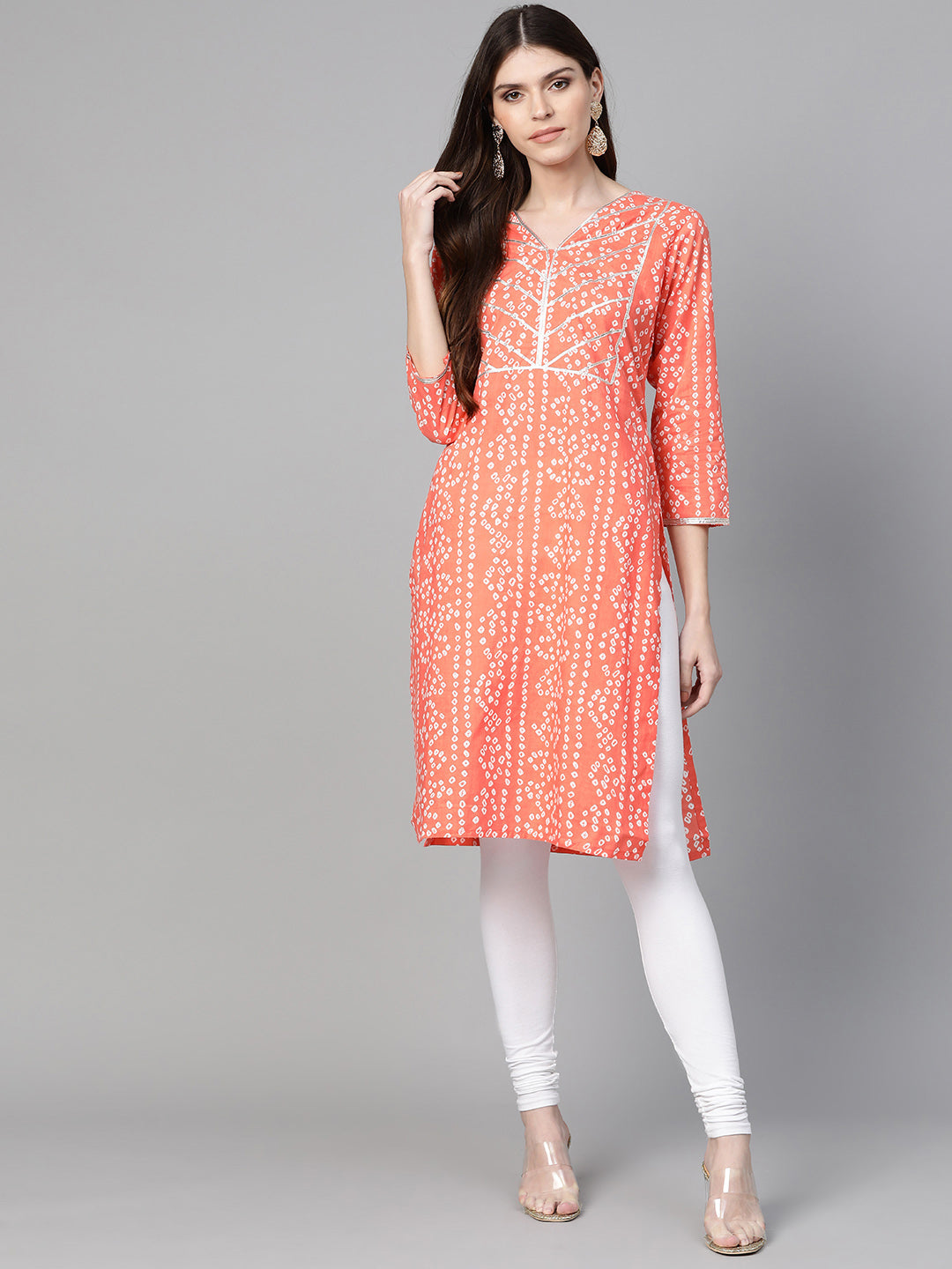 Women's Orange & White Printed Straight Kurta