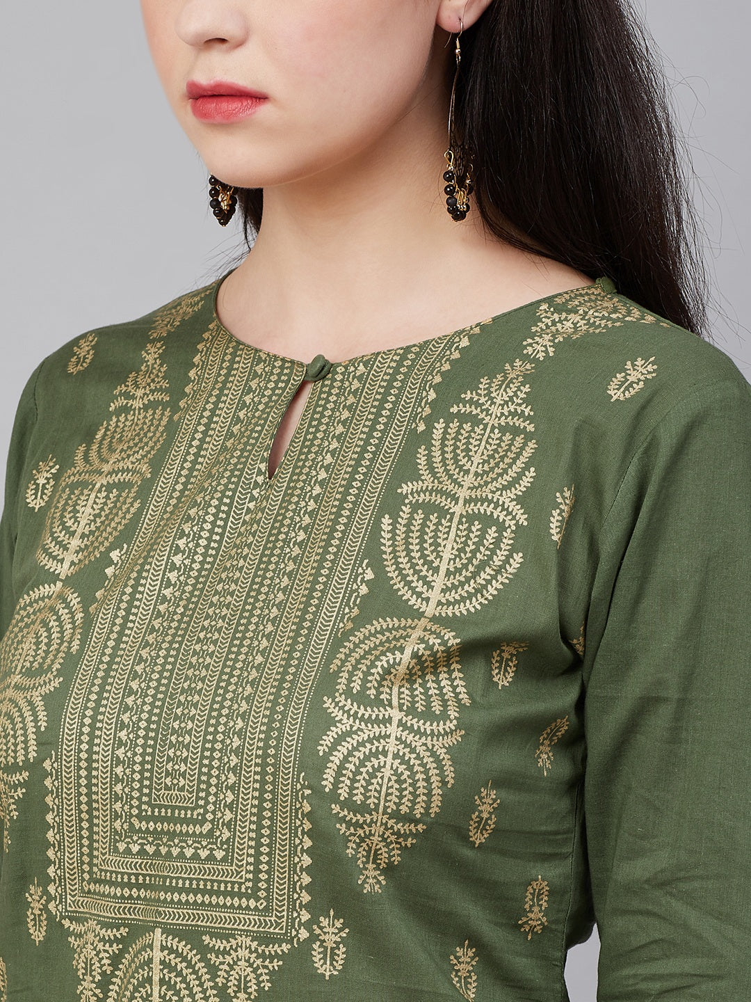 Women's Olive Green Ethnic Motifs Keyhole Neck Kurta - Bhama Couture