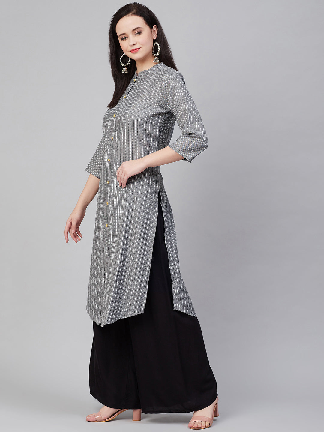 Women's  Charcoal Striped Thread Work Kurta - Bhama Couture