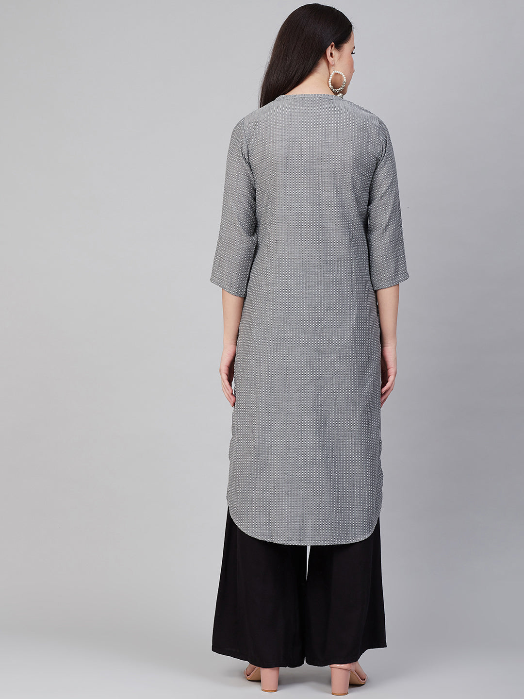 Women's  Charcoal Striped Thread Work Kurta - Bhama Couture