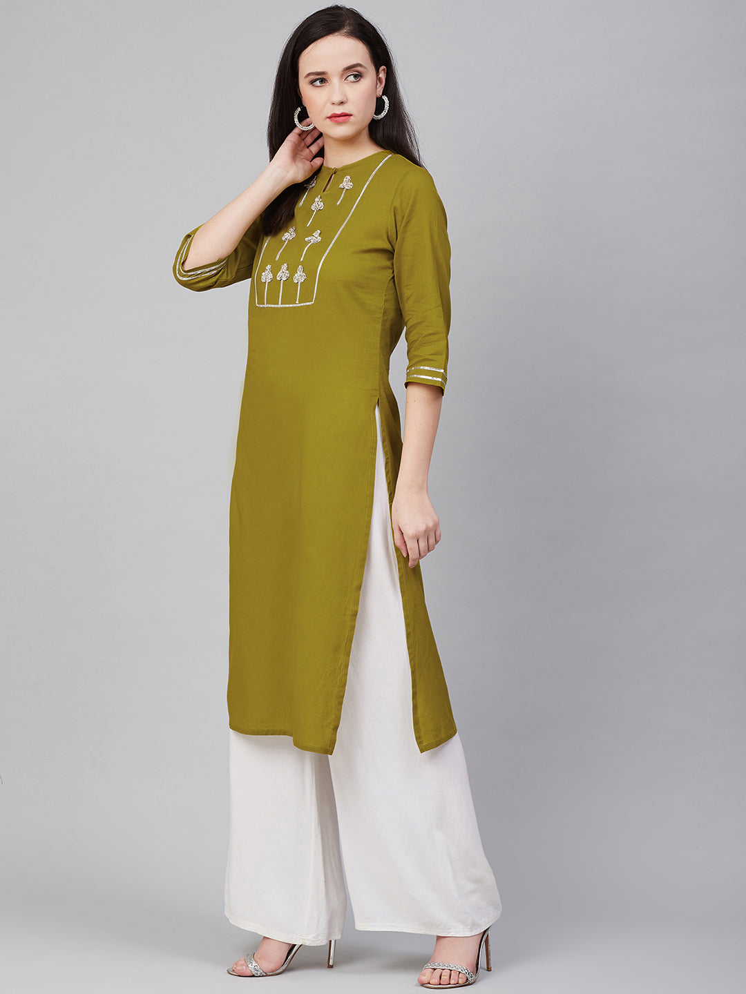 Women's Olive Green And Silver-Toned Embellished Kurta - Bhama Couture
