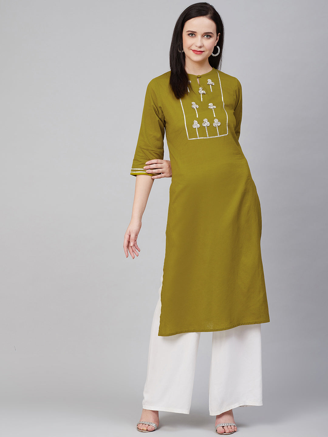 Women's Olive Green And Silver-Toned Embellished Kurta - Bhama Couture