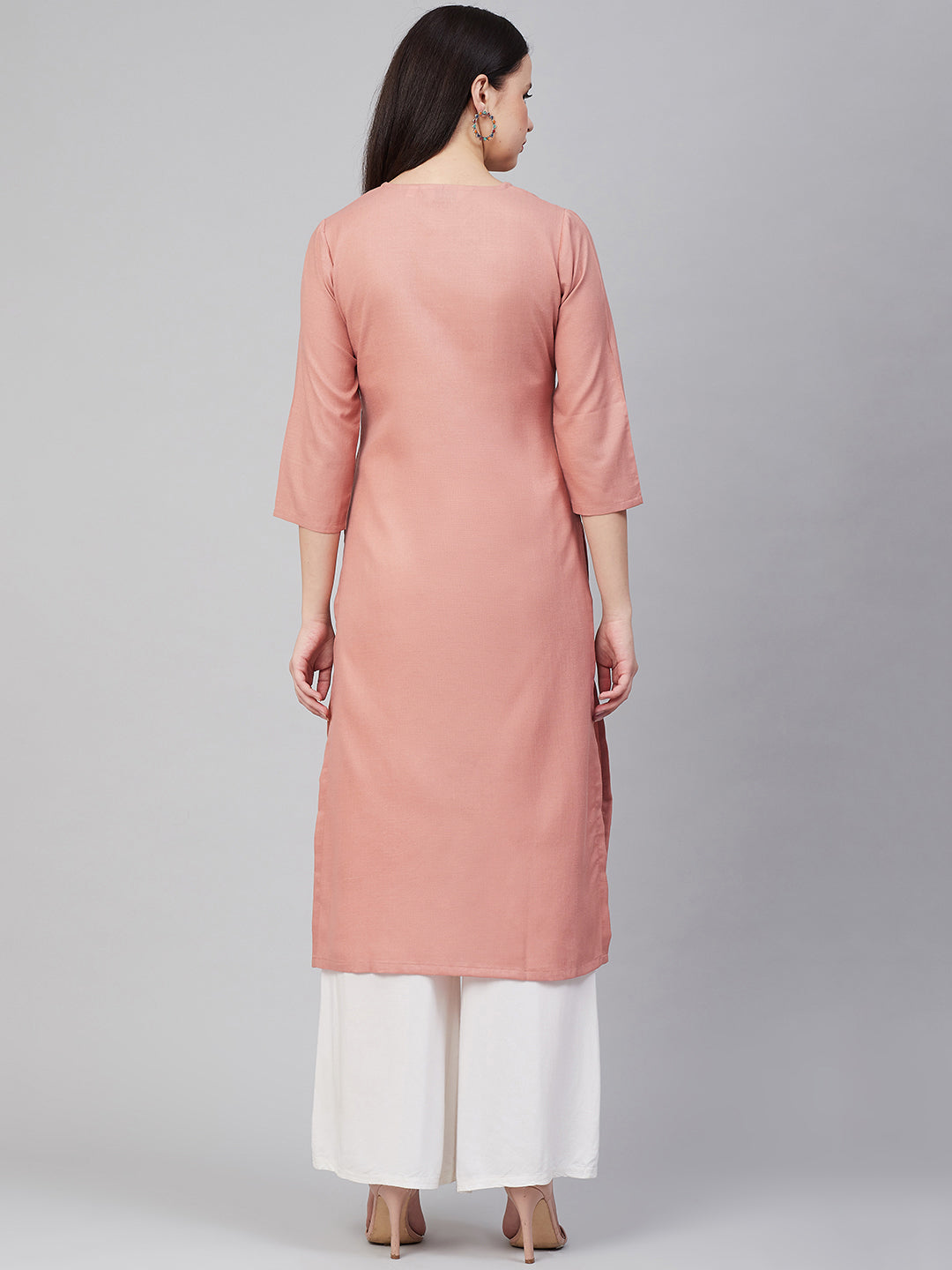 Women's Peach-Coloured & White Lace Detailed Straight Kurta - Bhama Couture