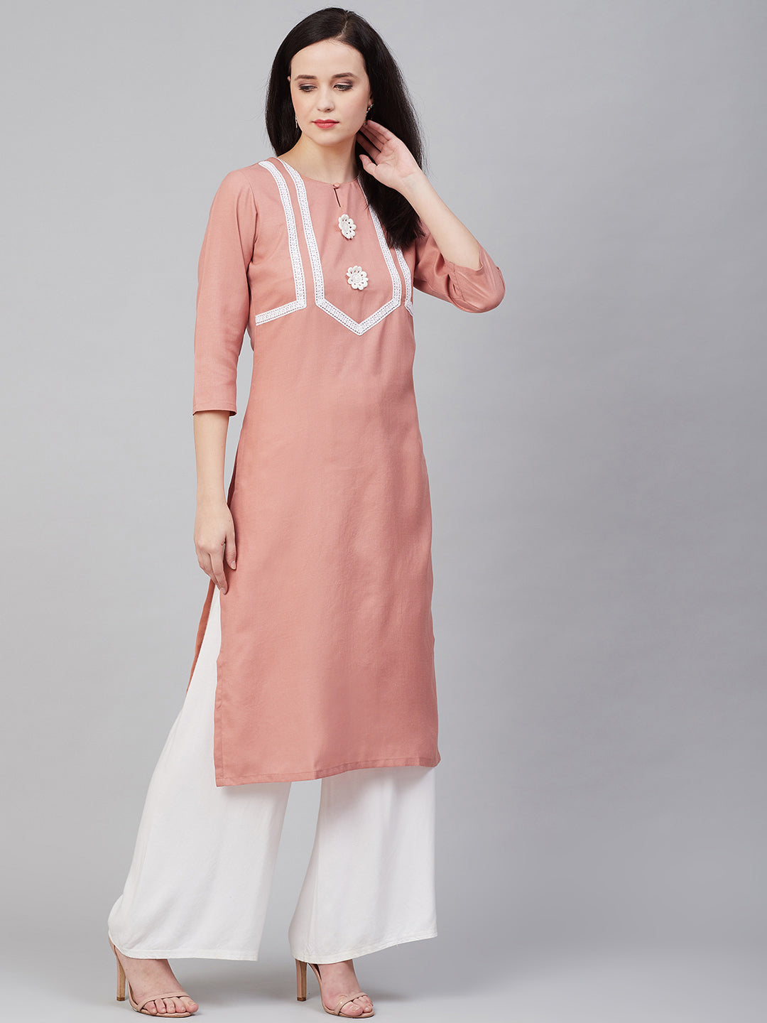 Women's Peach-Coloured & White Lace Detailed Straight Kurta - Bhama Couture