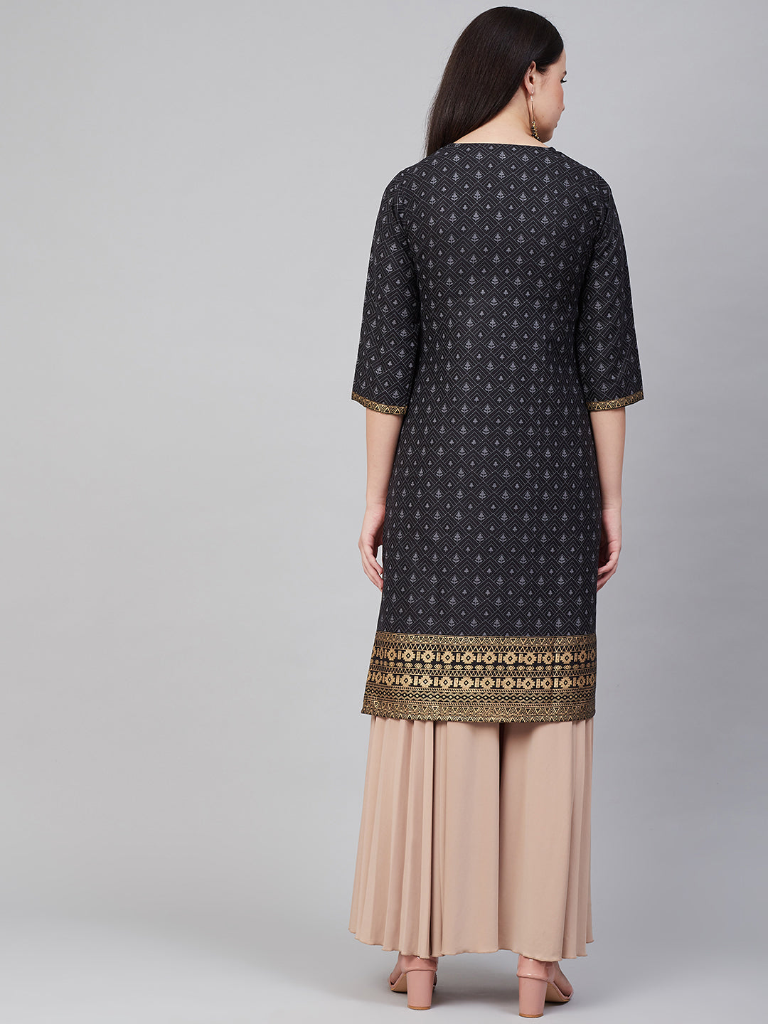 Women's  Black Golden Block Print Straight Kurta - Bhama Couture