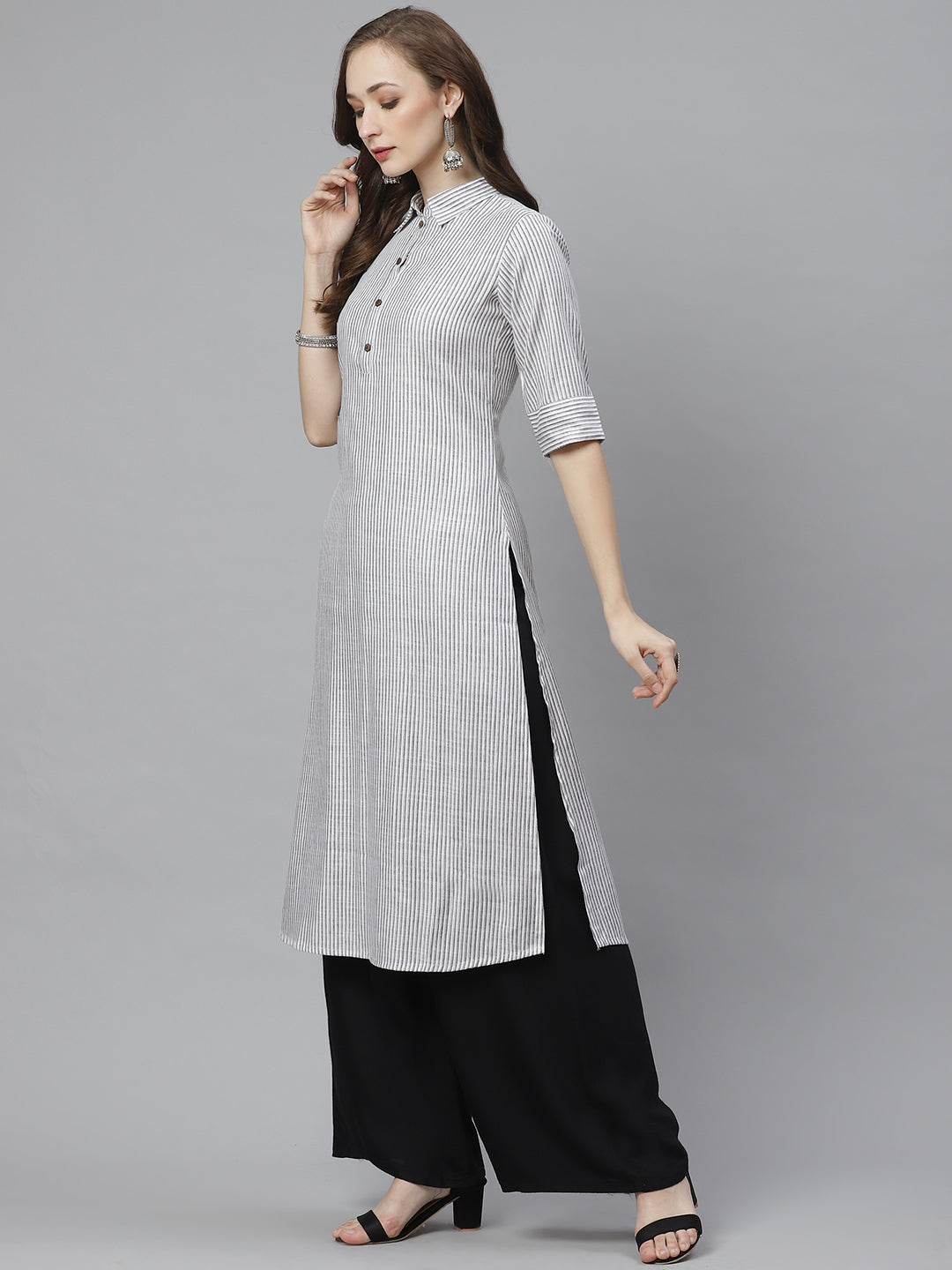 Women's White & Grey Striped Straight Kurta - Bhama Couture