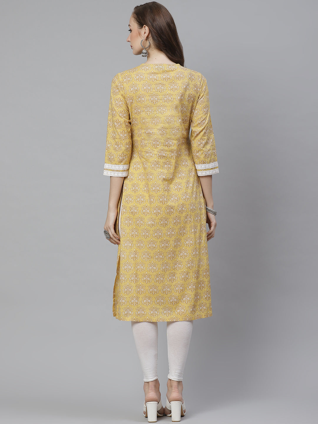 Women's Yellow & Beige Ethnic Print A-Line Kurta - Bhama Couture