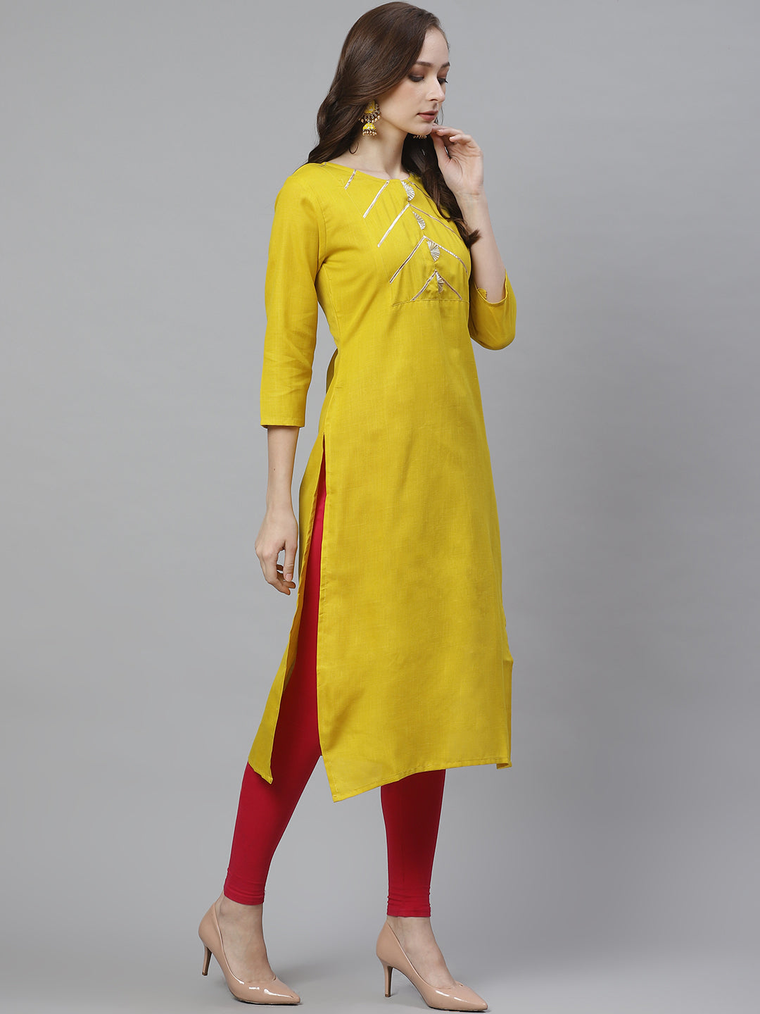 Women's Mustard Yellow Gotta Patti Lace Detailed Yoke Design Straight Kurta - Bhama Couture