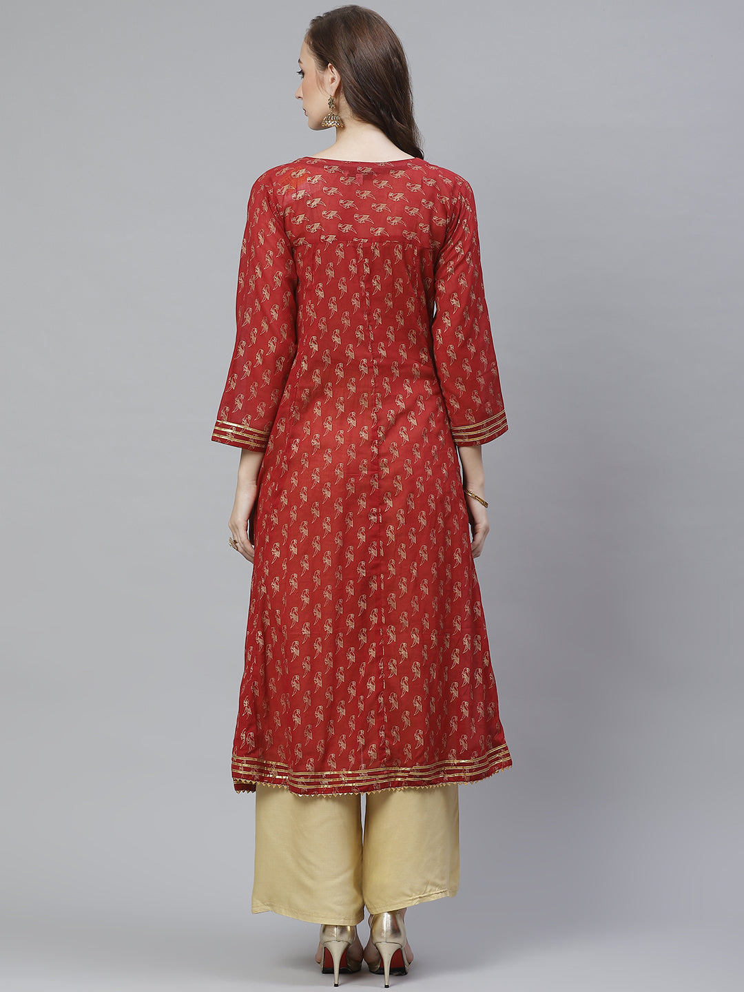 Women's Maroon And Golden Quirky Block Printed A-Line Kurta - Bhama Couture