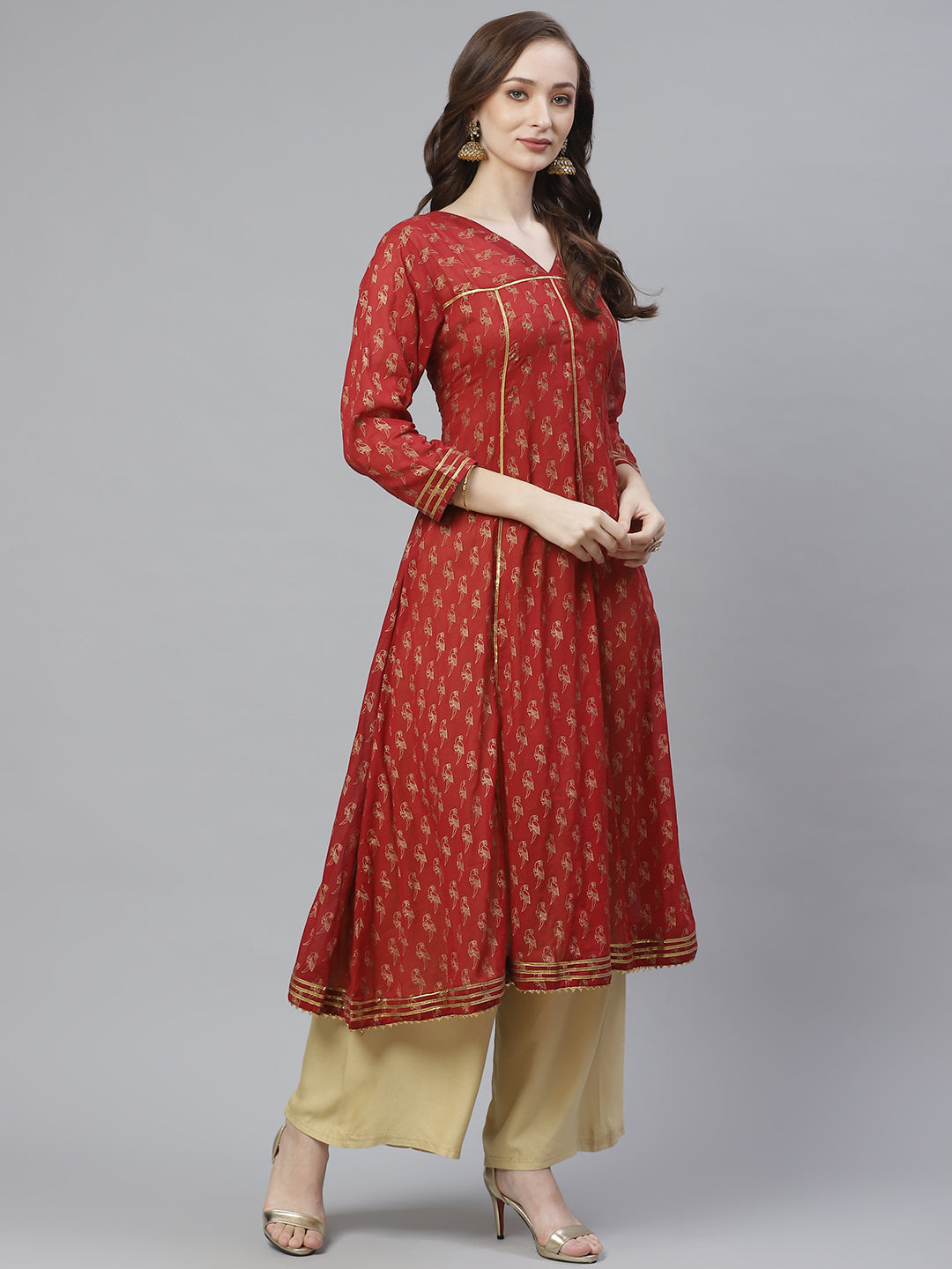 Women's Maroon And Golden Quirky Block Printed A-Line Kurta - Bhama Couture