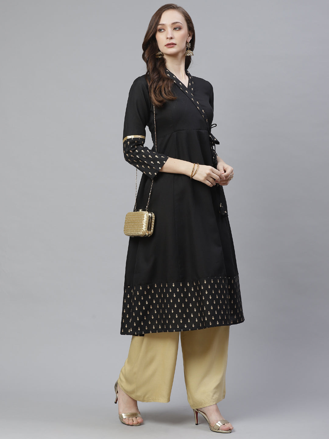 Women's Black & Gold-Toned Ethnic Printed Anarkali Kurta - Bhama Couture