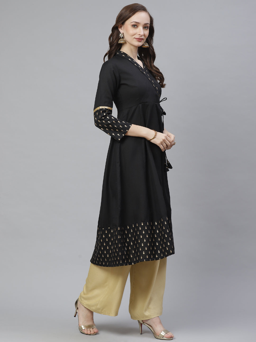 Women's Black & Gold-Toned Ethnic Printed Anarkali Kurta - Bhama Couture