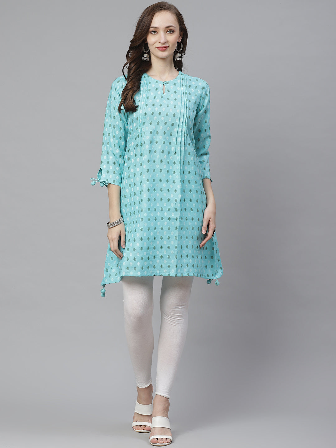 Women's Turquoise Ethnic Print A-Line Kurta - Bhama Couture