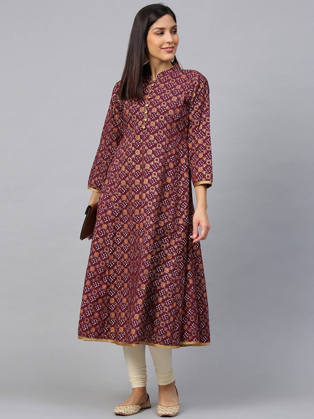 Women's Magenta & Golden Bandhani Printed Anarkali Kurta - Bhama Couture