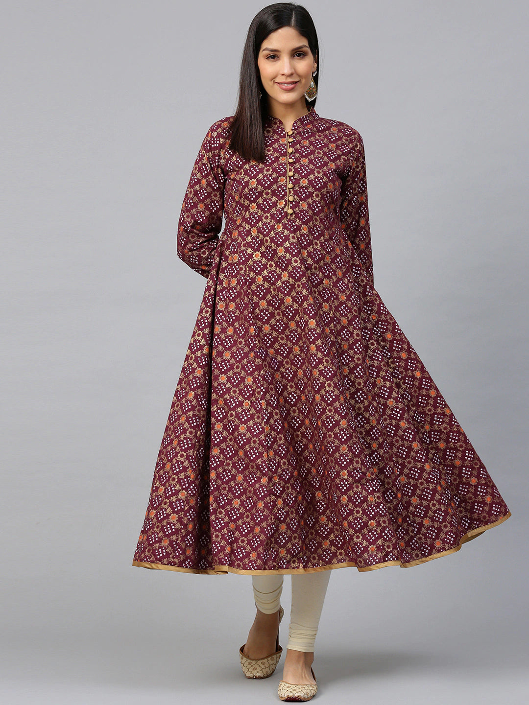 Women's Magenta & Golden Bandhani Printed Anarkali Kurta - Bhama Couture