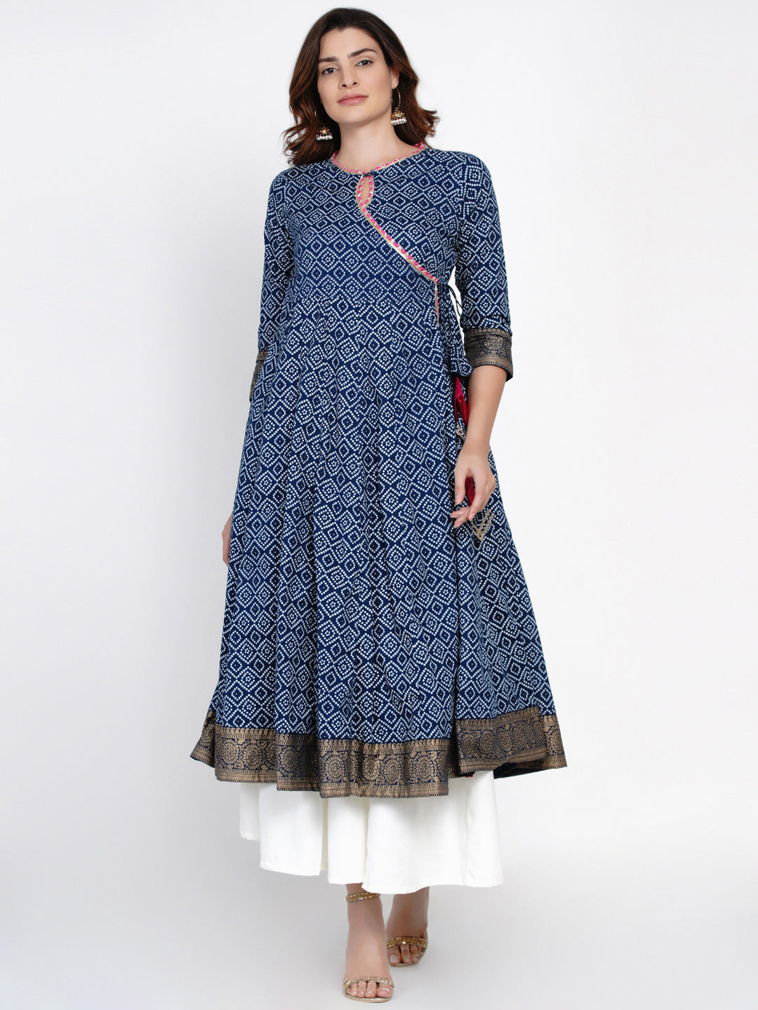 Women's Navy Blue & White Bandhani Printed Anarkali Kurta - Bhama Couture