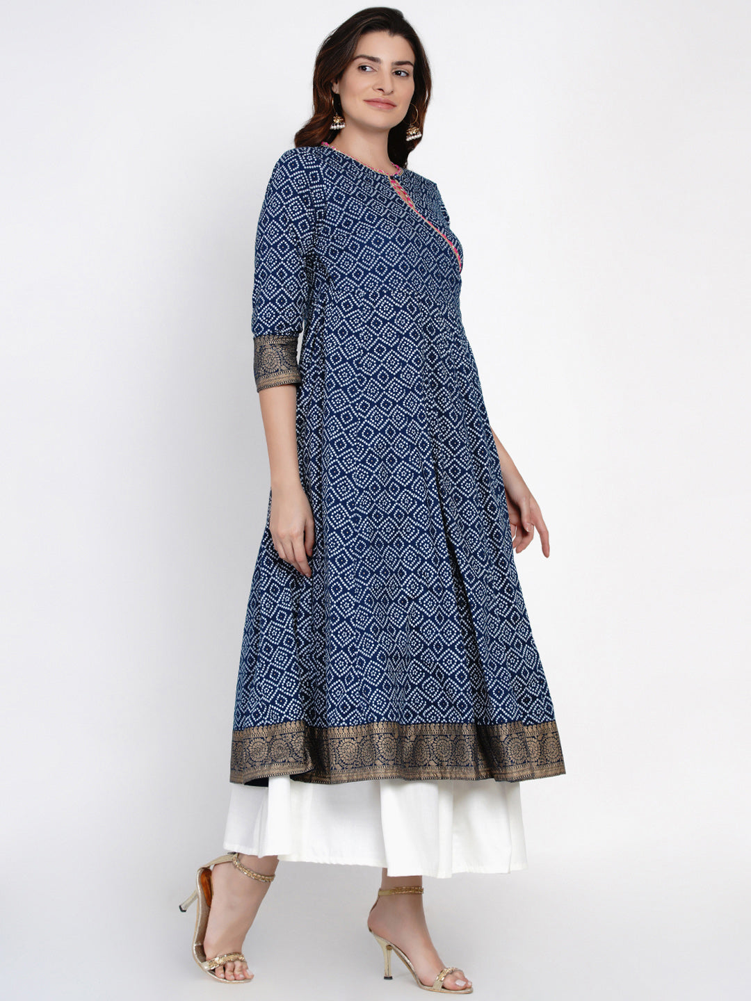 Women's Navy Blue & White Bandhani Printed Anarkali Kurta - Bhama Couture