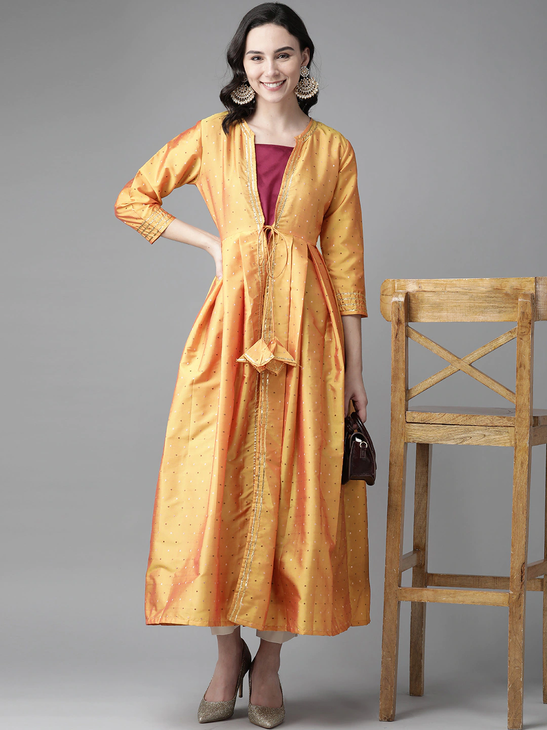 Women's Mustard Yellow & Magenta Woven Design Layered A-Line Kurta - Bhama Couture