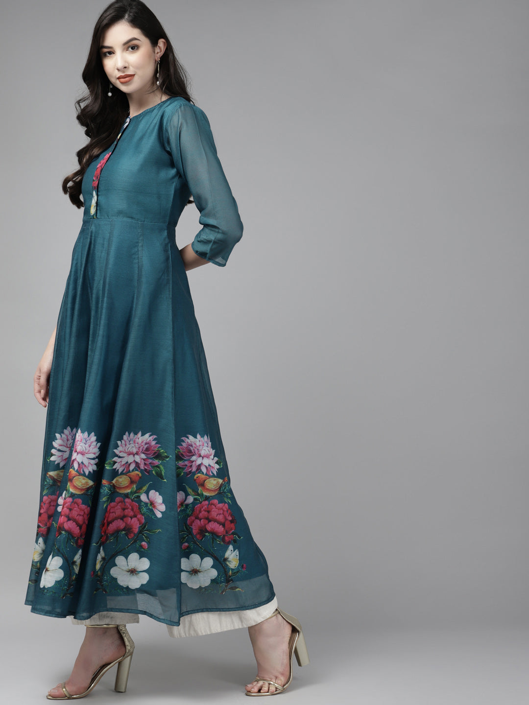 Women's Teal Blue Floral Printed Chanderi Silk Anarkali Kurta With Dupatta - Bhama Couture