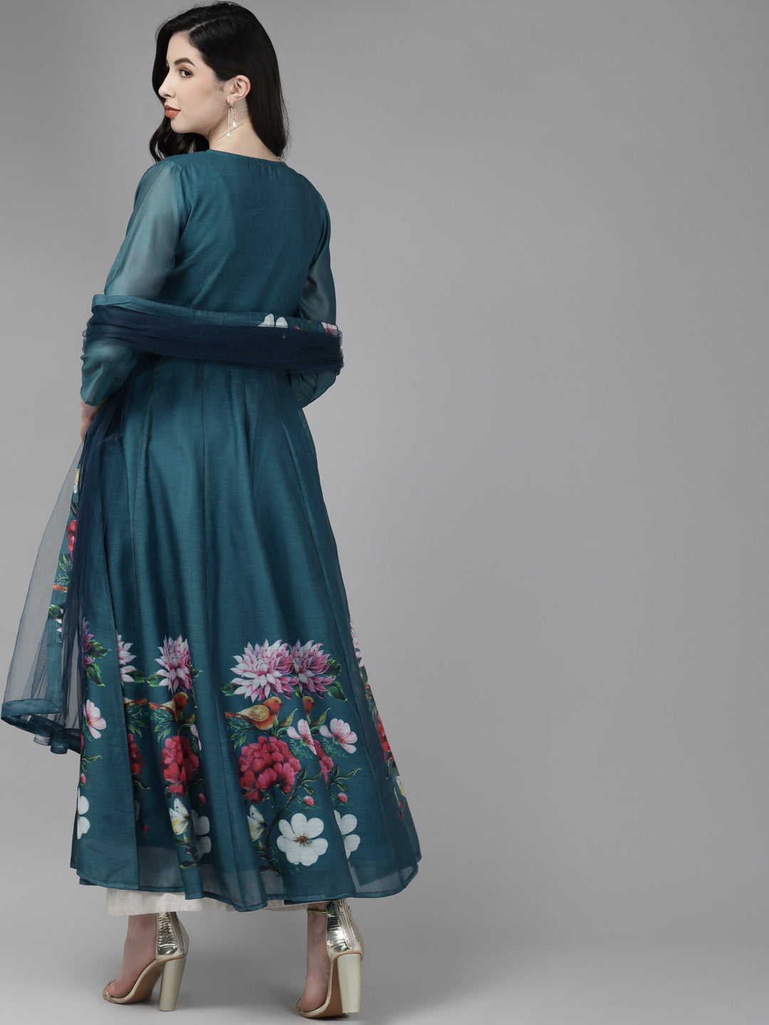 Women's Teal Blue Floral Printed Chanderi Silk Anarkali Kurta With Dupatta - Bhama Couture