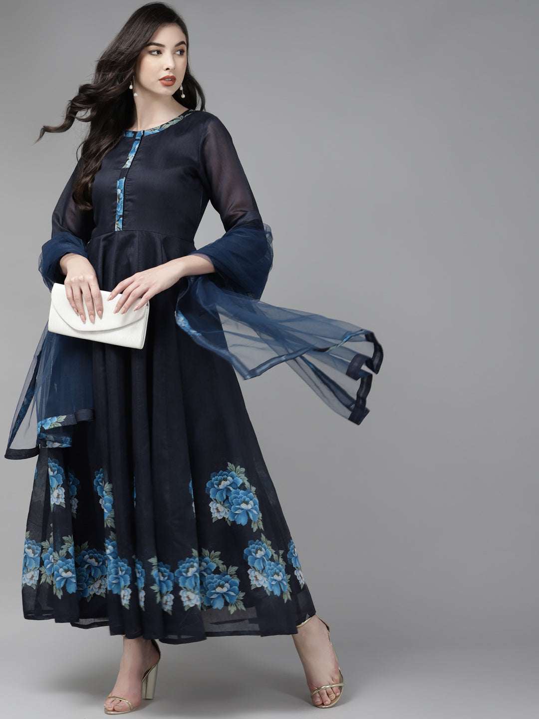 Women's Navy Blue Floral Printed Chanderi Silk Anarkali Kurta With Dupatta - Bhama Couture