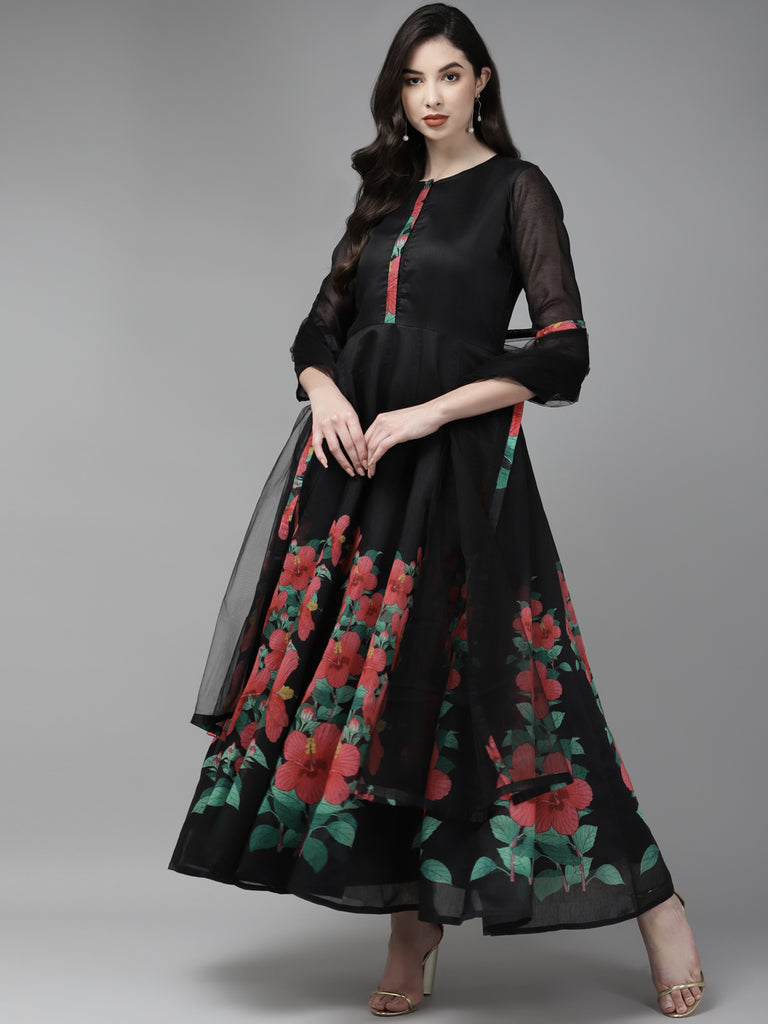 Women's Black Floral Printed Chanderi Silk Anarkali Kurta With Dupatta
