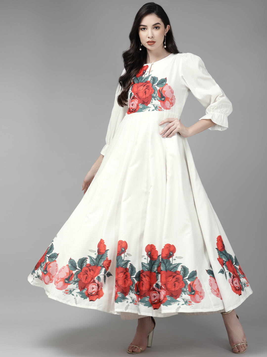 Women's Off White & Red Floral Printed Anarkali Kurta - Bhama Couture
