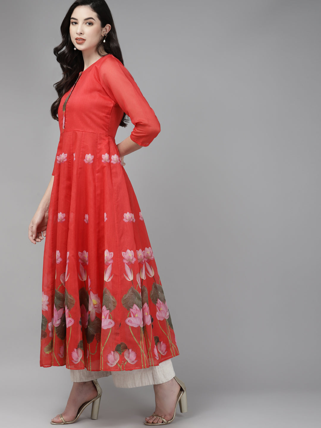 Women's Red & Green Floral Printed Chanderi Silk Anarkali Kurta With Dupatta - Bhama Couture
