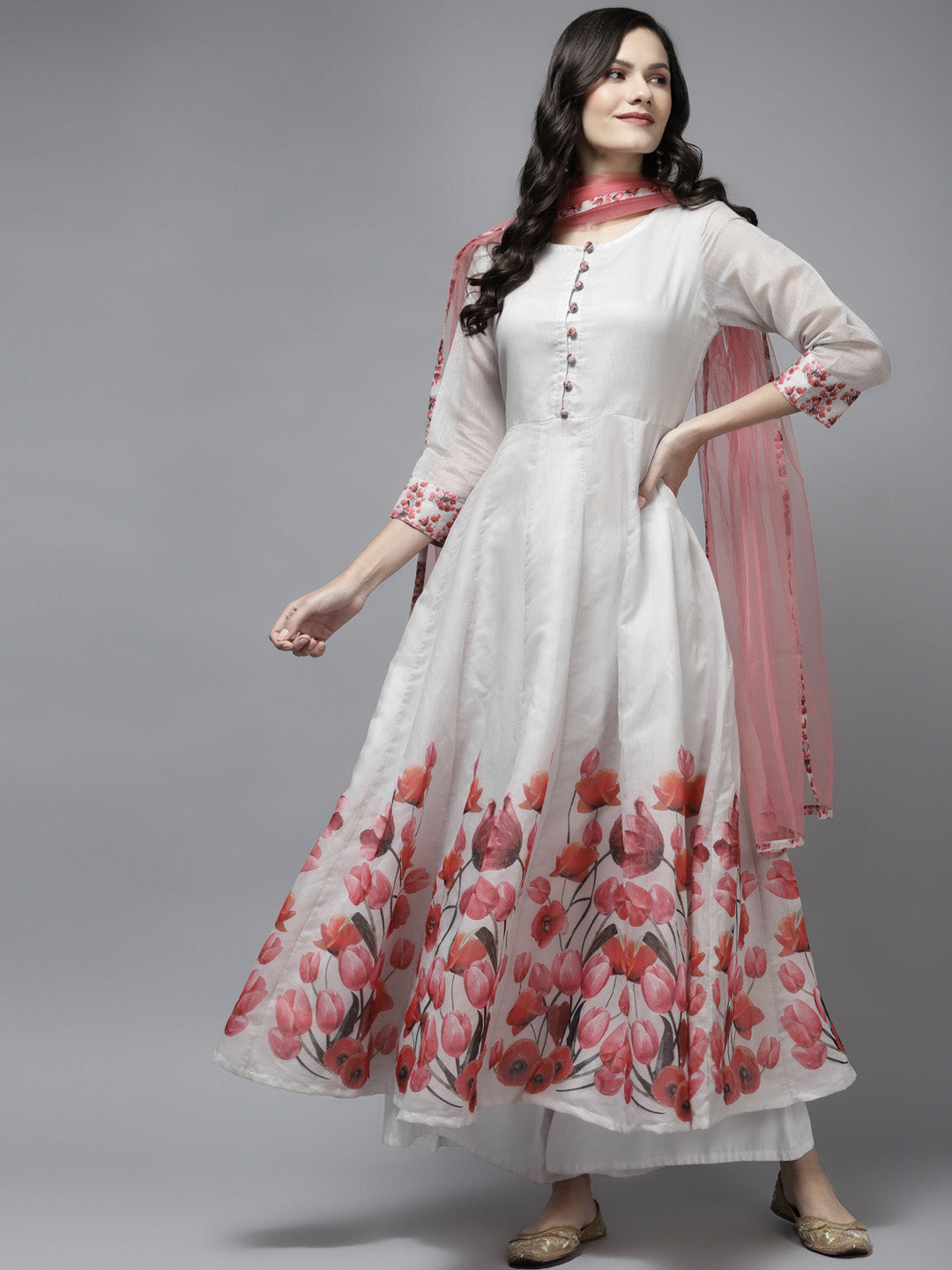 Women's Off White Floral Printed Chanderi Silk Anarkali Kurta With Dupatta - Bhama Couture