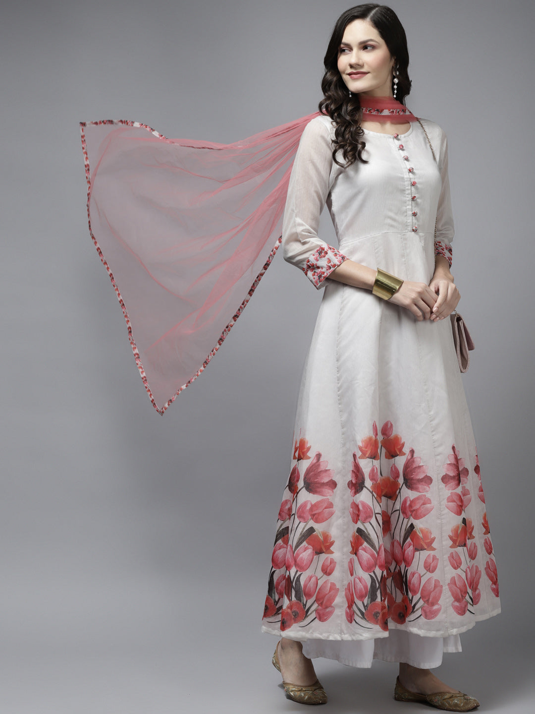 Women's Off White Floral Printed Chanderi Silk Anarkali Kurta With Dupatta - Bhama Couture