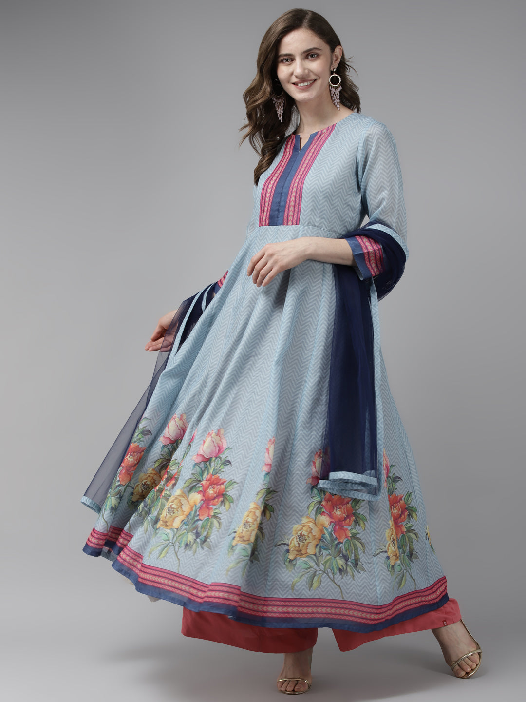 Women's Blue & Pink Floral Printed Chanderi Silk Anarkali Kurta & Dupatta - Bhama Couture