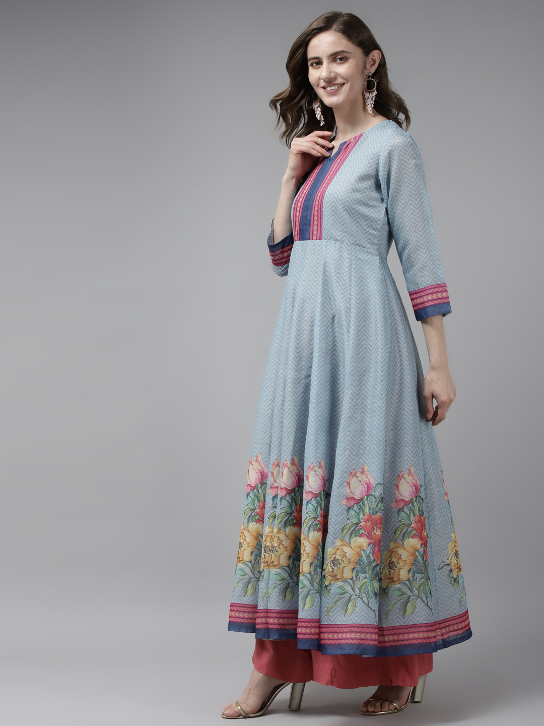 Women's Blue & Pink Floral Printed Chanderi Silk Anarkali Kurta & Dupatta - Bhama Couture