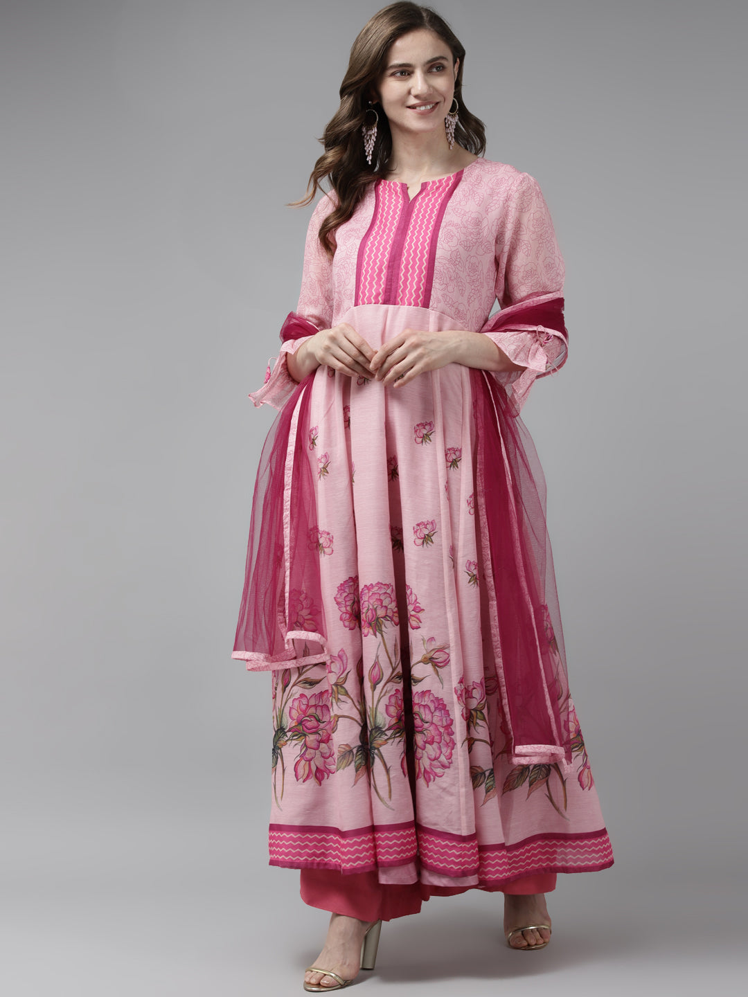 Women's Pink Floral Printed Floral Chanderi Silk Anarkali Kurta With Dupatta - Bhama Couture
